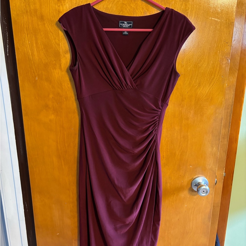 American Living Burgundy Ruched V-Neck Midi Dress